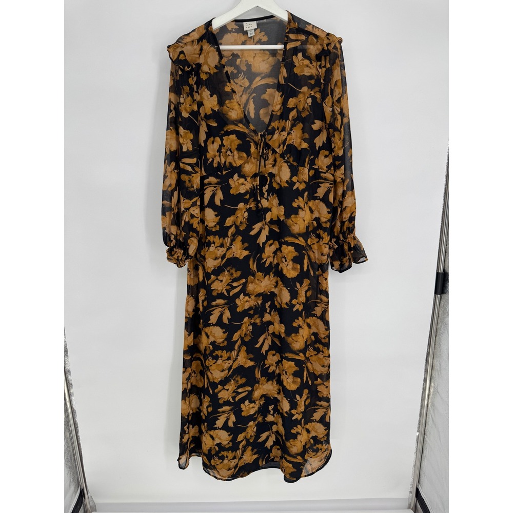 A New Day Floral Tie Front Midi Dress Black Gold Long Sleeve with Slip Size L